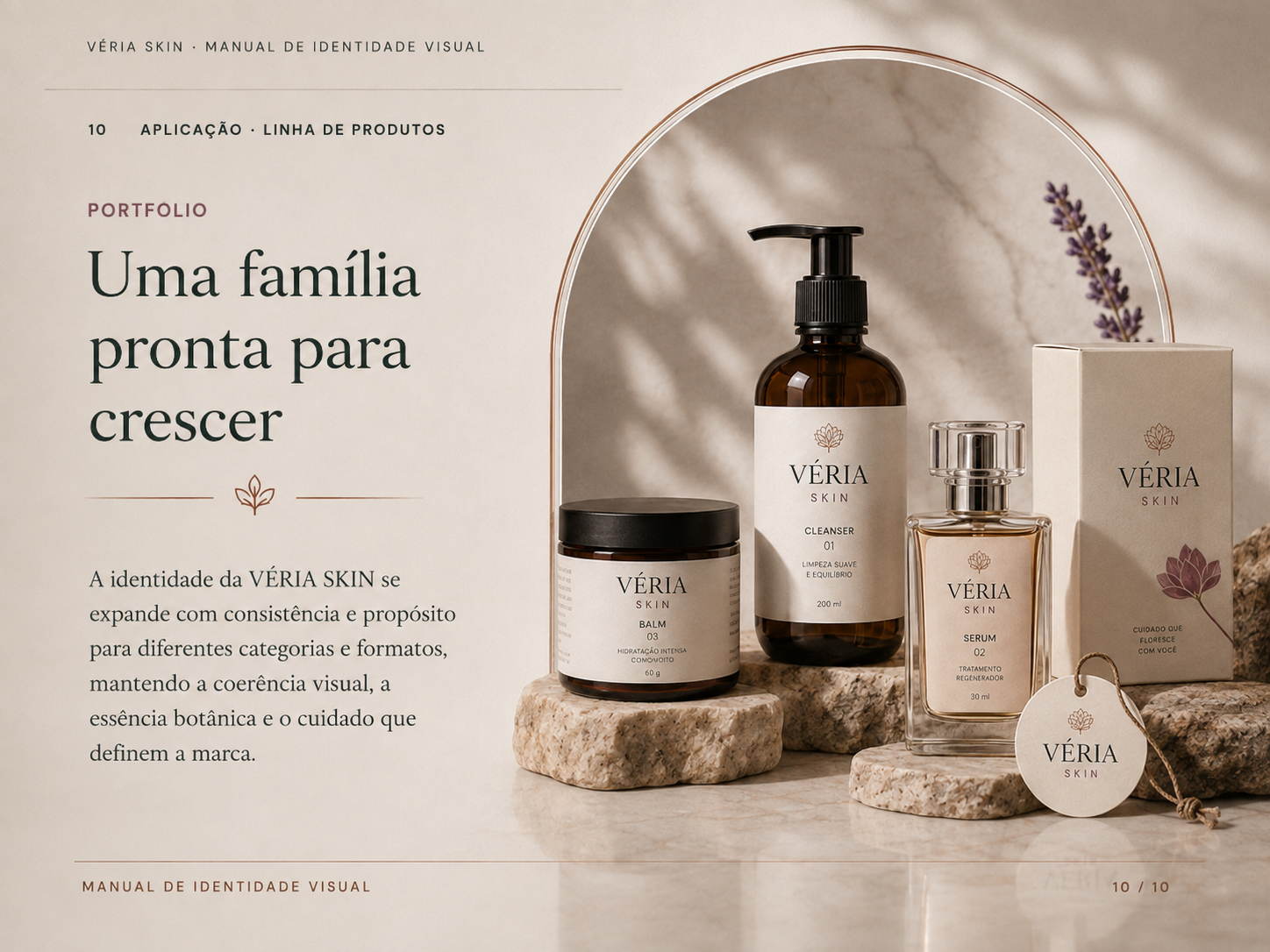 Aplicações da identidade VÉRIA em produtos e comunicação